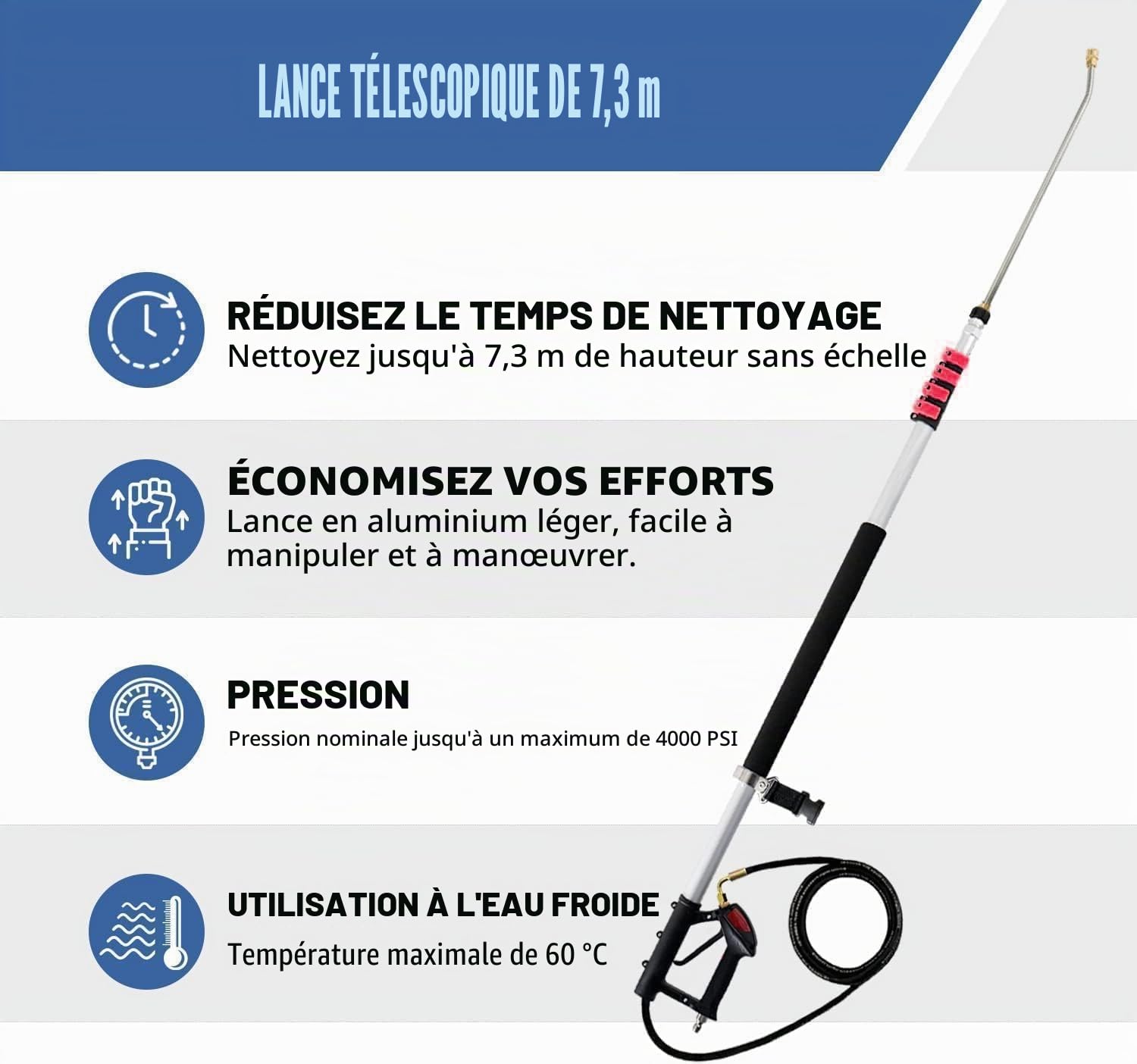 Baguette télescopique pour nettoyeur haute pression de 7,3 m avec baguettes d'extension pour nettoyeur haute pression, tête de brosse, nettoyeur de gouttière, 7 embouts de buse de pulvérisation, 2