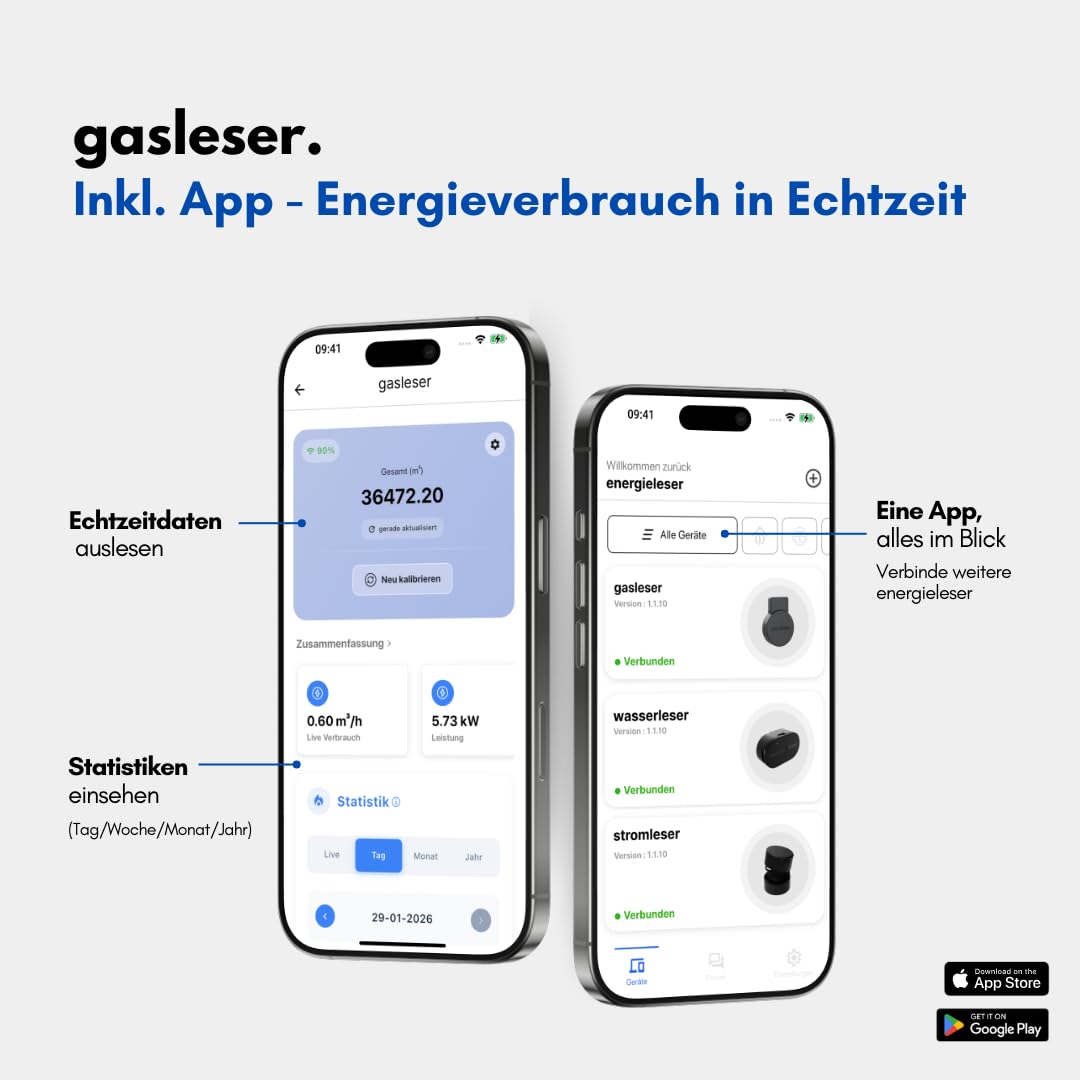 WLAN Gaszähler Ausleser für BK, Apator, Pietro Fiorentini u.v.m. | Smarter Gaszähler Reader mit App | Live Verbrauch & Zählerstand | Plug & Play Installation | Home Assistant