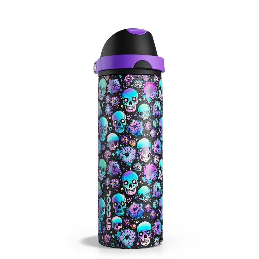 Insulated Water Bottle with Straw - Encool Stainless Steel Water Bottle with Push Button Lid, Leak-Proof &amp; BPA-Free, Keeps Cold for 24 Hours for Sports, Travel, Gym (24 oz, Floral Afterlife)