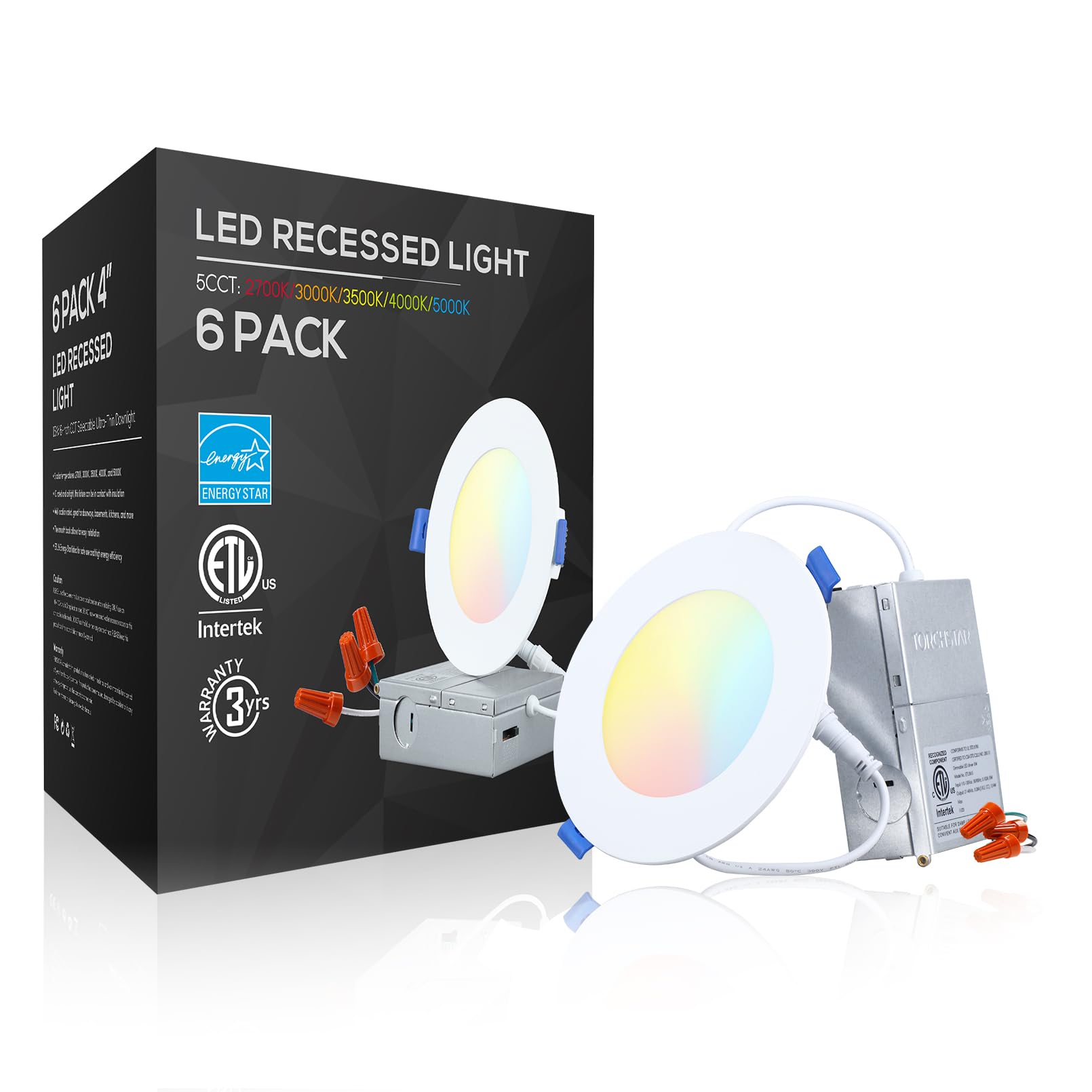 TORCHSTAR 5CCT 4 Inch Slim LED Recessed Lighting with Junction Box