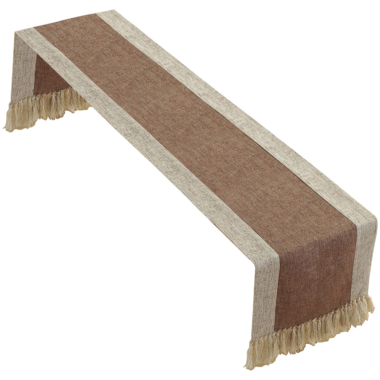rismart Chemin de Table à Pompons Coton et Lin Deco de Table pour Table de Salle à Manger Marron,38_x_240_cm