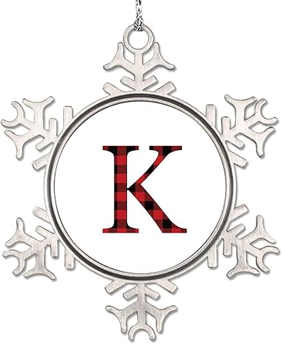 Vista 17 de Adornos de Navidad con letras rojas y negras a cuadros 2024, adornos de copo de nieve, monograma, letra inicial H, adorno para decoración de árbol