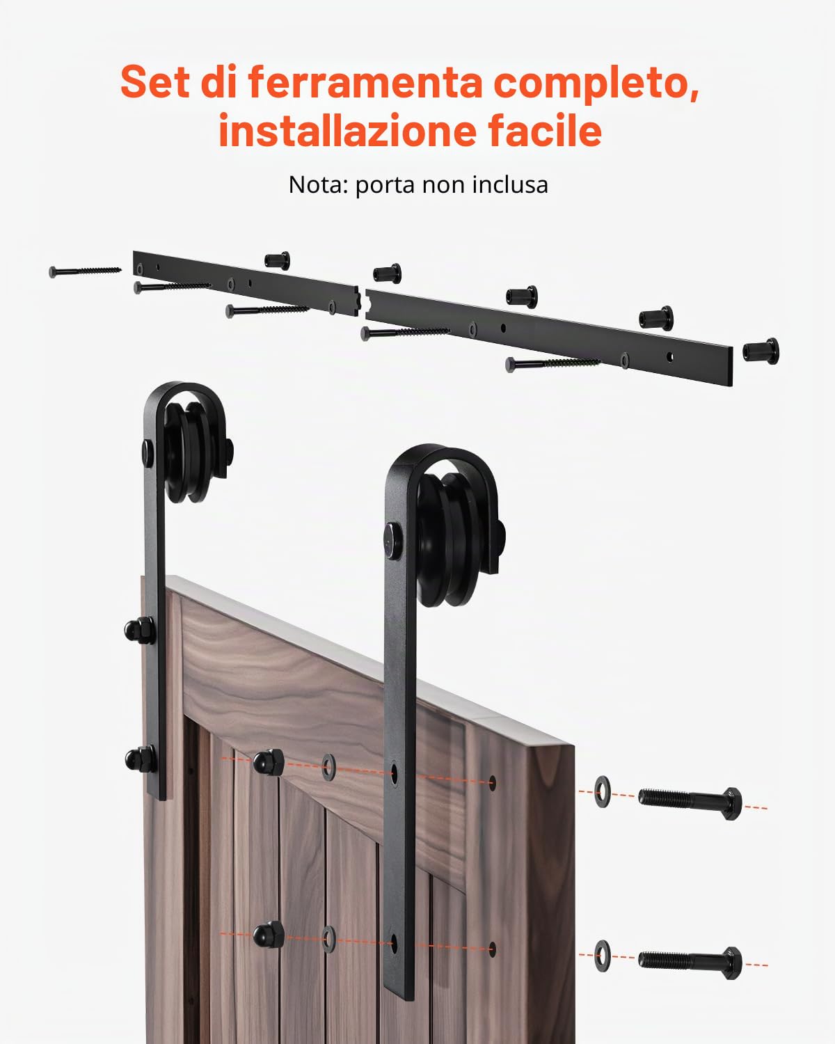 VEVOR Kit Ferramenta per Porta Scorrevole da Fienile 1524 mm, Capacità 150 kg, Compatibile con Larghezza max. 762 mm e Spessore da 34,9 a 44,45 mm, Binario Resistente e Rullo a Forma J, Nero