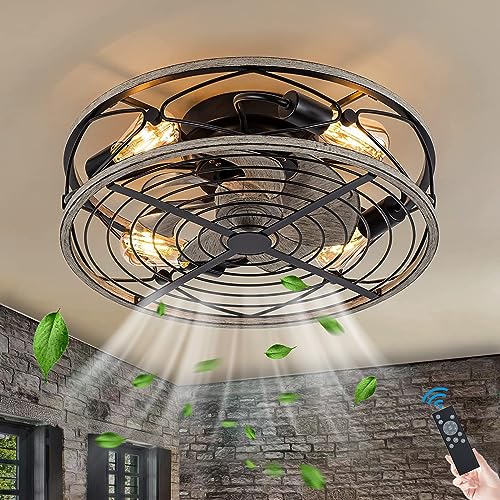 TRUYOK E27 Retro Deckenventilator Mit Beleuchtung und Fernbedienung Leise Fan Deckenleuchte Industrial Vintage Eisenkäfig Ventilator Deckenlampe Für Schlafzimmer Wohnzimmer Küche Lampe Pendelleuchte