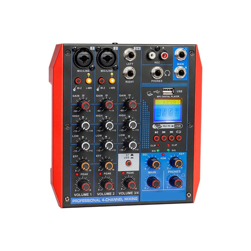 Controlador de DJ, Consola de grabación profesional Bluetooth/USB 48V for el hogar, reuniones y actuaciones(4 Channel)