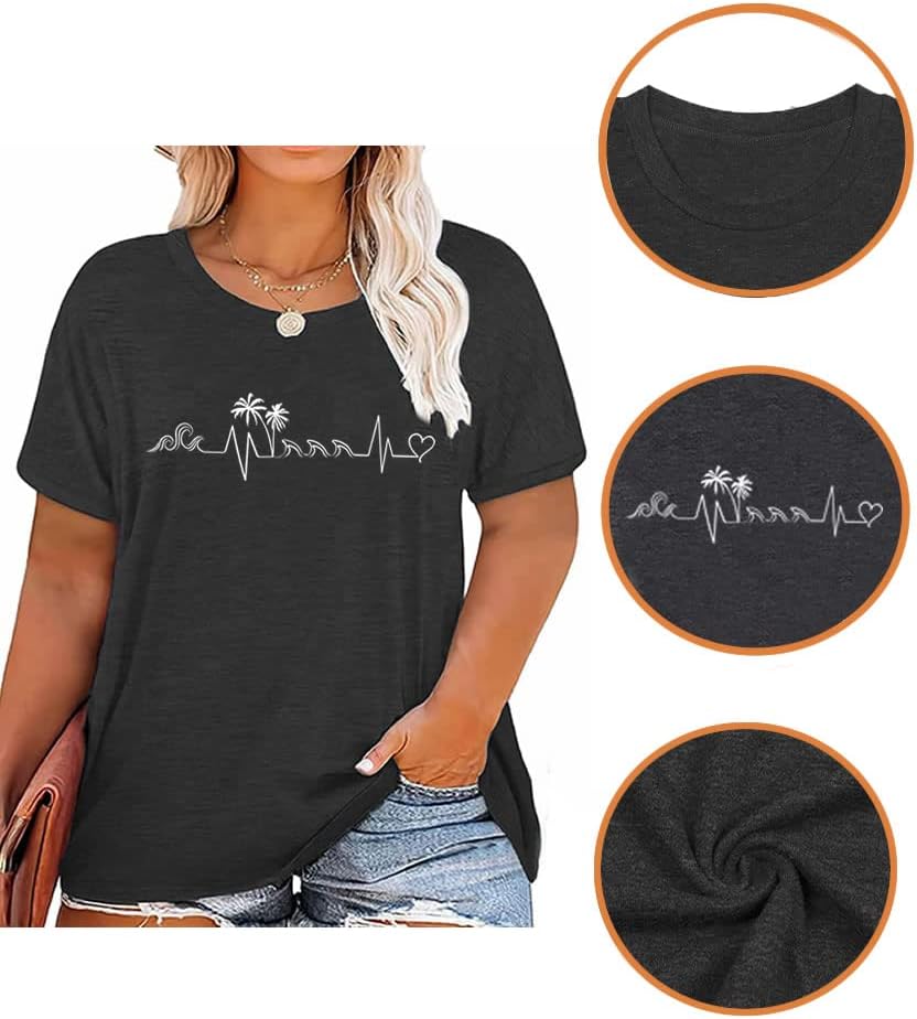 Women's Summer Plus Size Beach Vacation Printed Short Sleeve Round Neck Casual Top - Image 4