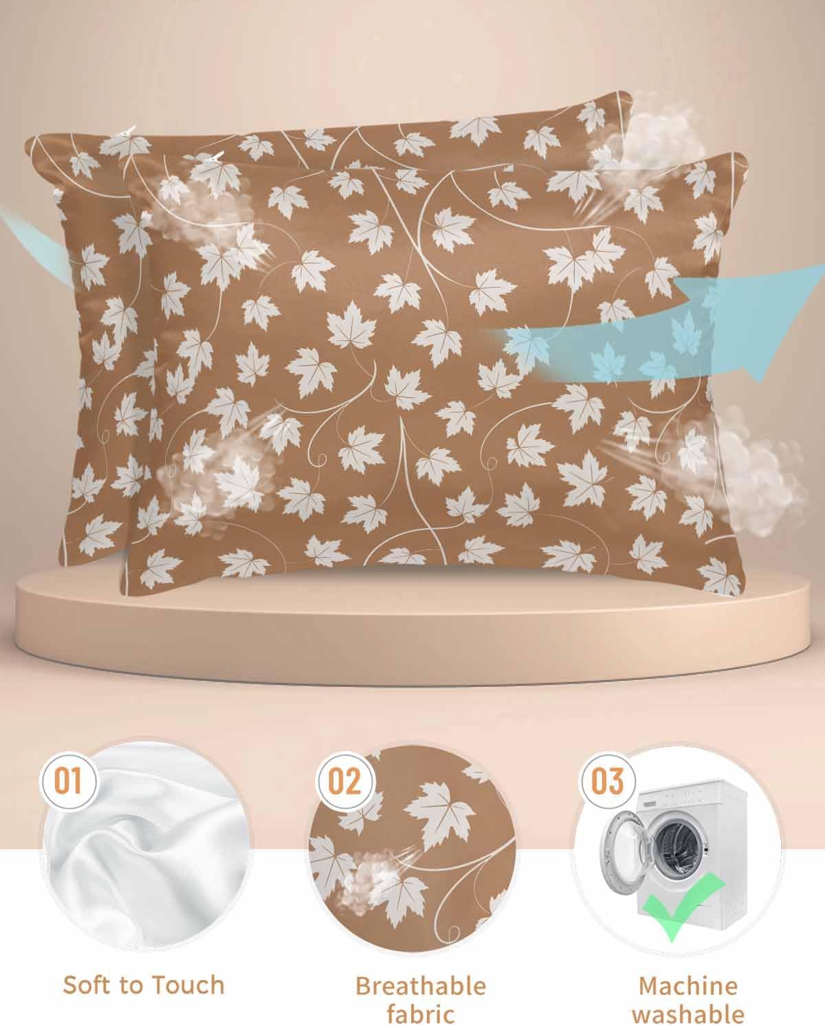 枕カバー 秋 紅葉 落葉 シンプル 褐色バック サテン カバー 51&times;91cm（2枚セット） ピローケース 美肌 美髪 滑らか 静電