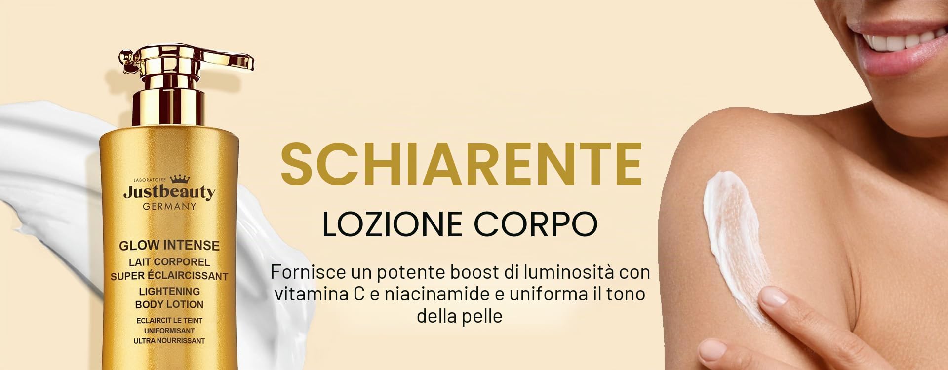 Justbeauty Germany Glow Intense Latte Corpo 500 ml - Cura Corpo per tintura Irregolare e macchie visibili - Acido Kojico, Arbutina, Vitamina C & Niacinamide