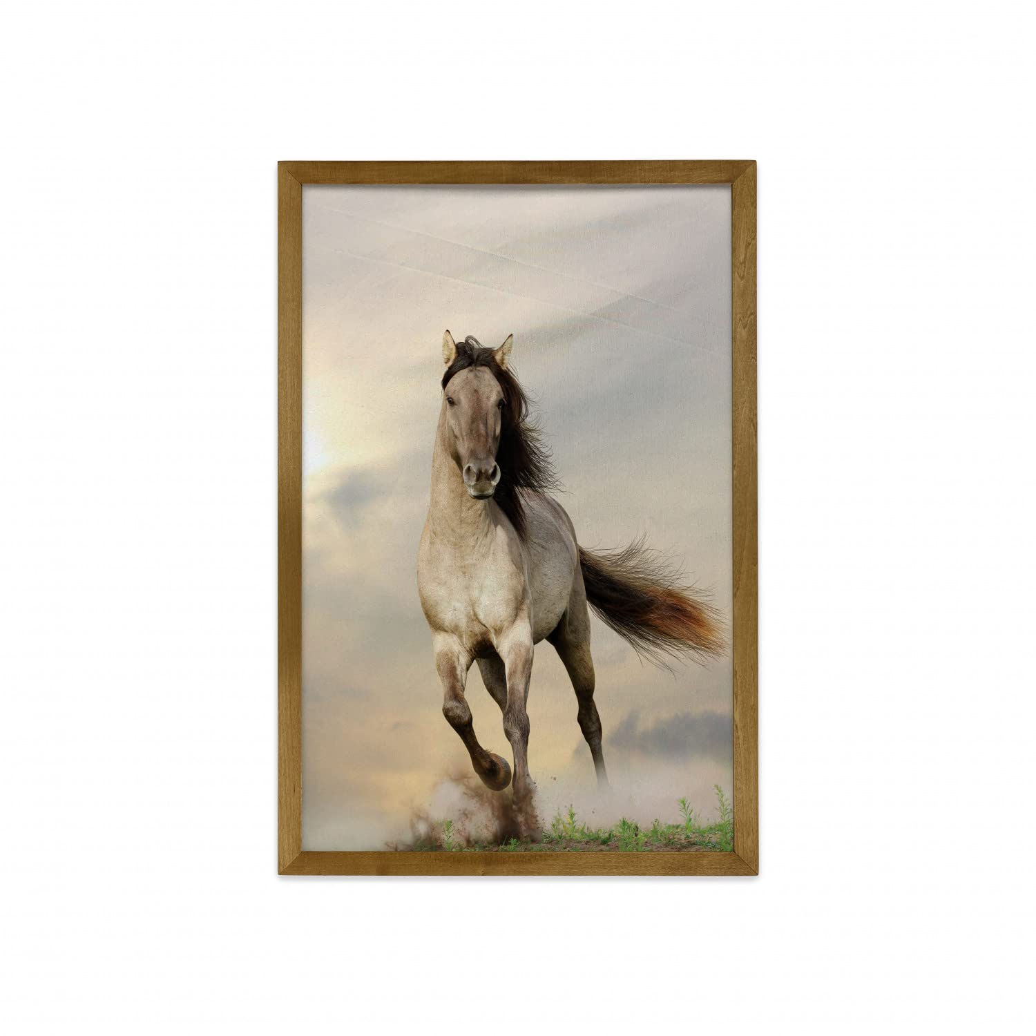 Lunarable Horses Framed Wall Art, Wild Young Stallion Horse Running at Sunset Male Power Muscular Ph