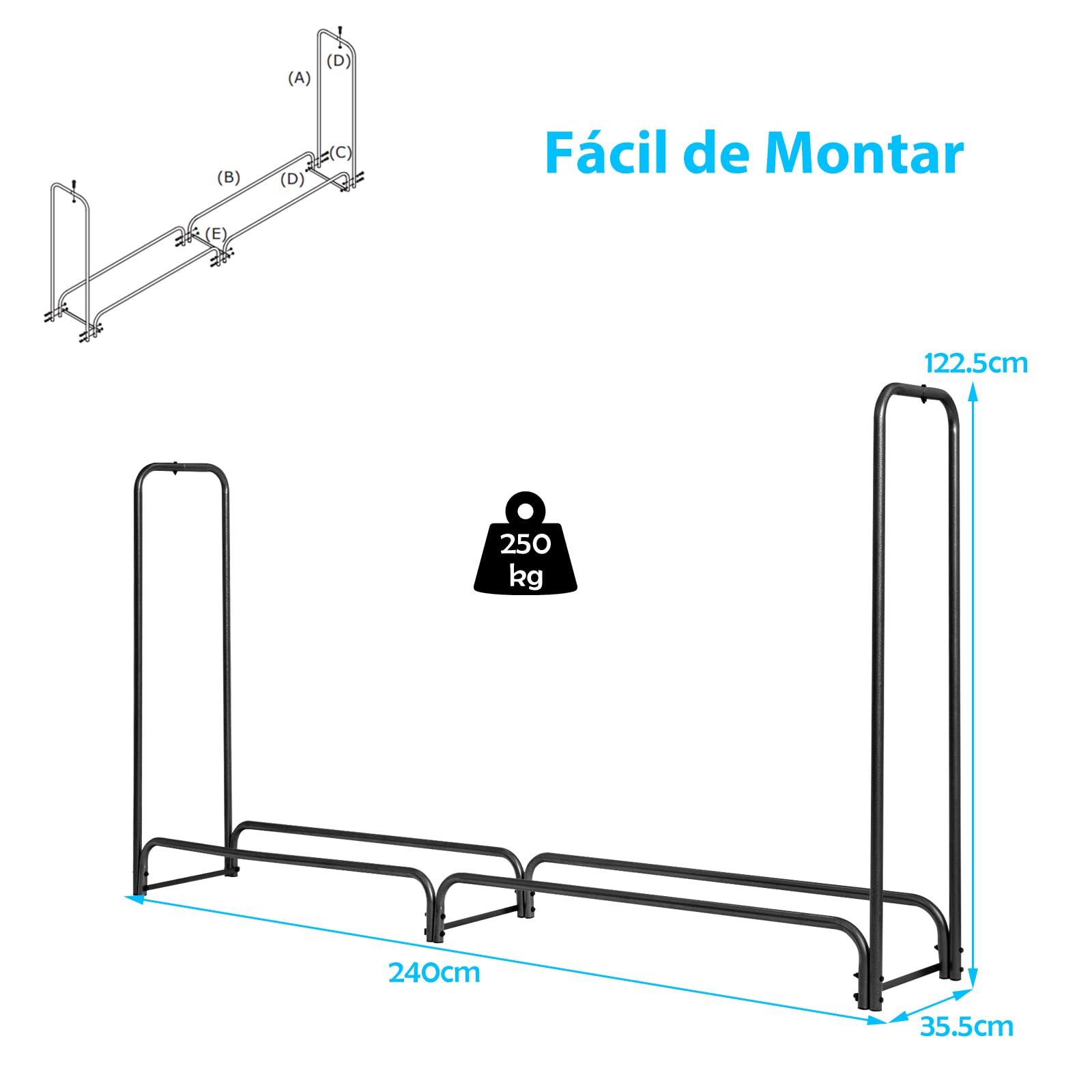 GYMAX Estantería para Leña para Chimenea con Cubierta Resistente a la Intemperie, Estable Estantería para Leña con Patas Antideslizantes, para Interior y Exterior, Color Negro (Longitud 240 cm)