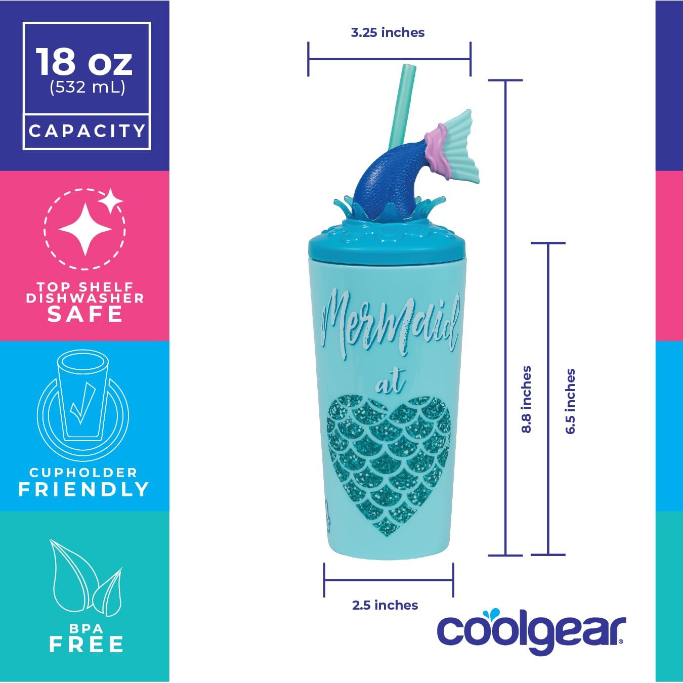 COOL GEAR 3-Pack 18 oz Fun Model Threaded Character Lid Tumblers Toppers with straw included - Flamingo/Mermaid