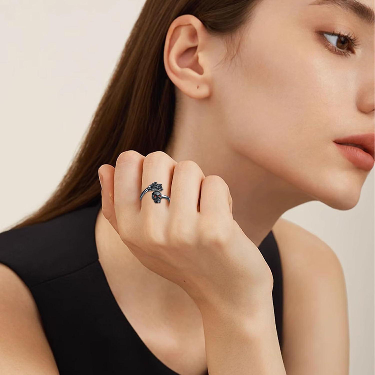 Skull Rings for Women 925 Sterling Silver Adjustable Open Skeleton Ring Punk Gothic Jewelry Halloween Gifts for Men