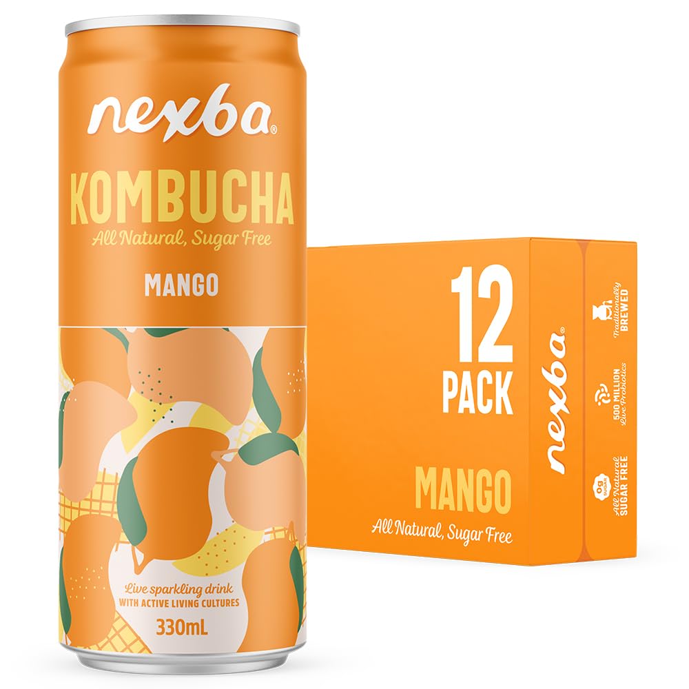 Mango Kombucha 330 ml Slim Cans (Pack of 12) – All Natural, Sugar Free & Healthy Tropical Probiotic Drink