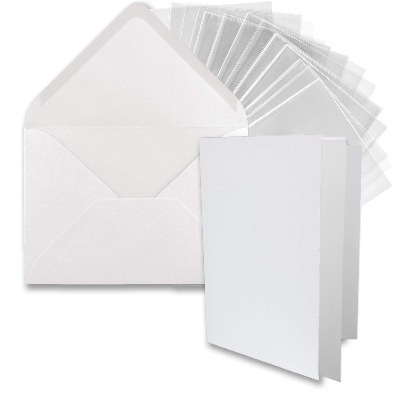 75x DIN B6 Faltkarten-Set - Hochweiß (Weiß) - 11,5 x 17 cm - Doppelkarten mit Umschlägen, Einlegepapier und Cellophanbeutel zum Basteln und Verkaufen