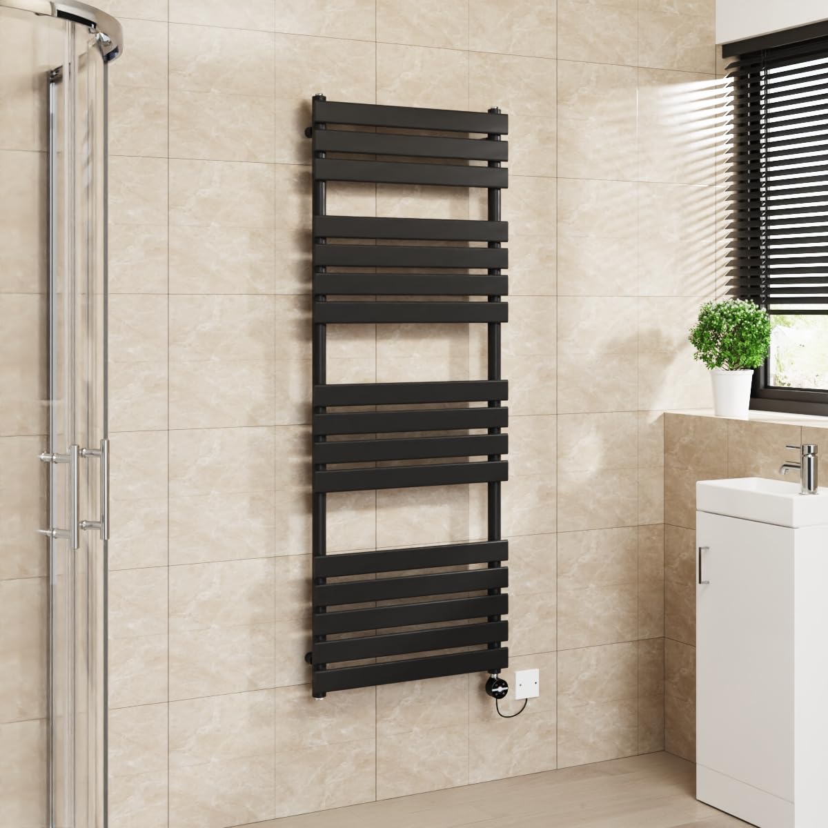 Warmehaus Flat Panel Electric Heated Towel Rail Touch Screen Timer Bathroom Radiator Prefilled Black 1600x600mm 800W