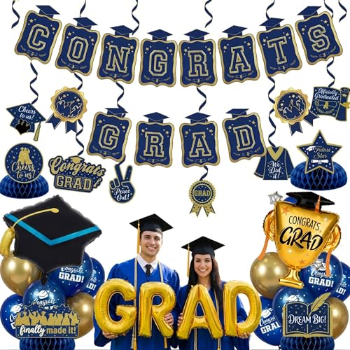 Image of Graduation Decorations 2026 - Navy Blue and Gold Party Supplies Kit & with Banner, Grad Balloons, Table Centerpieces & Hanging Swirls for Class of 2026 Graduate Prom Decorations