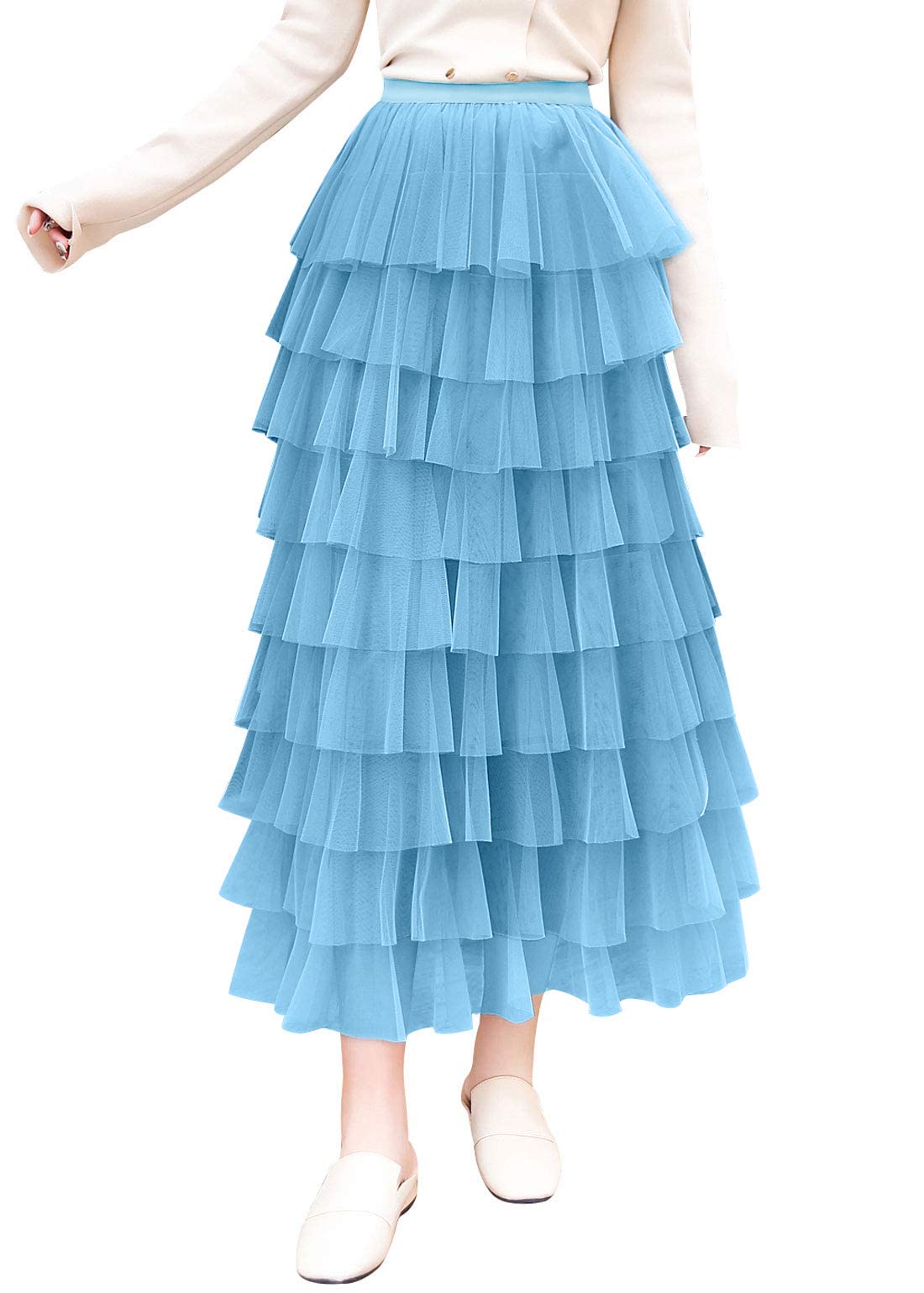 Ebossy Women's Blue Sweet Elastic Waist Tulle Layered Ruffles Mesh Long Tiered Skirt, M