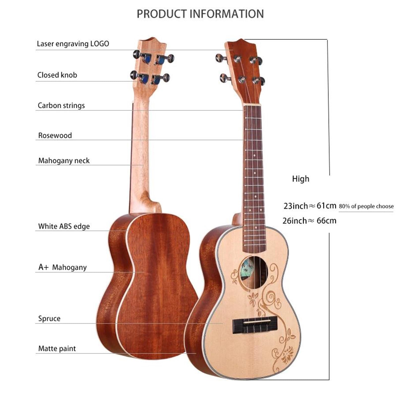Flower 23/26-calowe Ukulele Koncertowe/tenorowe Świerkowe Ukelele Z Akcesoriami(23)