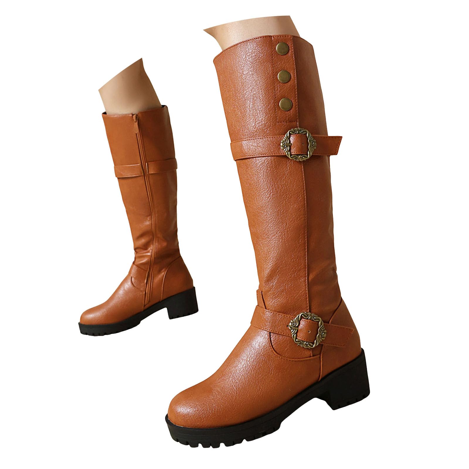 Women Vintage Knee High Boots Wide Calf Leather Platforms Chunky Block Heel Buckle Strap Square Toe Side Zipper