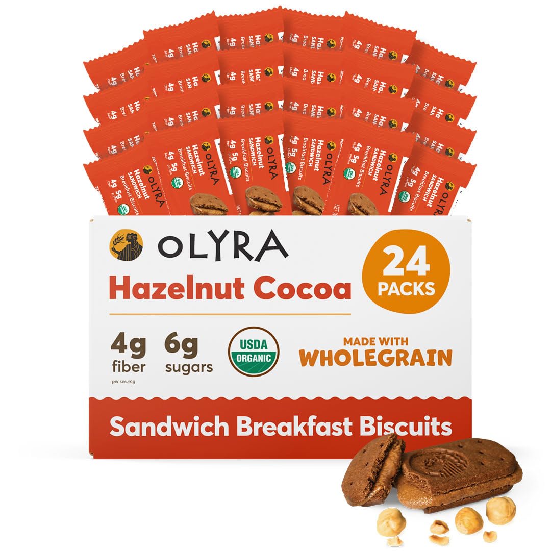 OlyraHazelnut Cocoa Sandwich Breakfast Biscuits, Healthy Snacks for Adults and Kids, Low Sugar, High Fiber, Organic Vegan Cookies, with Ancient Greek Grains, USDA Certified Organic, Non GMO, 24 Packs