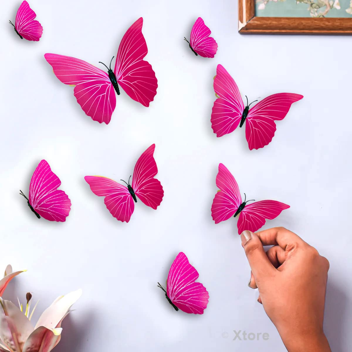 Xtore 12pcs 3D Home Decor Pink Butterfly | Beautiful Decor Item | Comes with Sticking pad - (Set of 12, Shaded Pink) 3