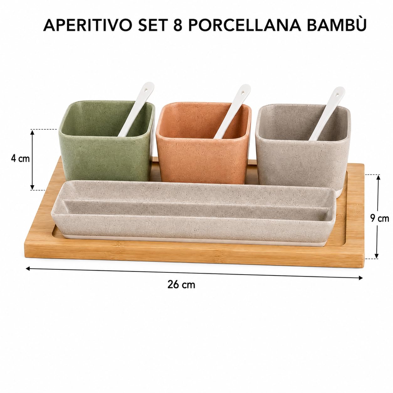 Generico Set apéritif 8 pièces avec plateau en bambou et bols en porcelaine