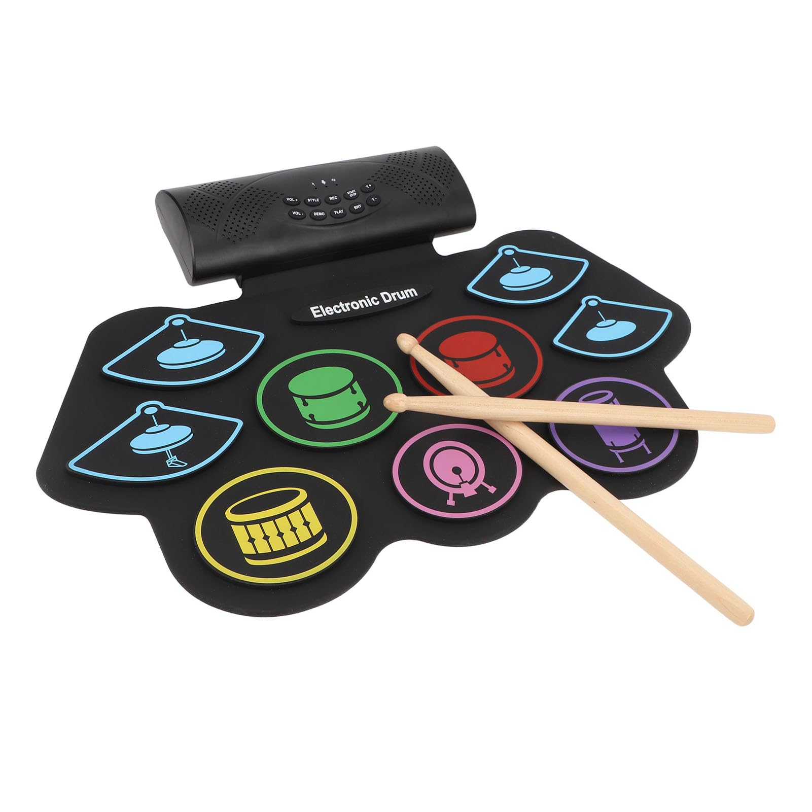 Alomejor Set Pad Per Batteria Elettronica, Tappetino Per Batteria Arrotolabile Ricaricabile Con 7 Toni Di 10 Canzoni Demo Uscita MIDI, Con Bacchetta E Pedale, Per Bambini (Spina europea)