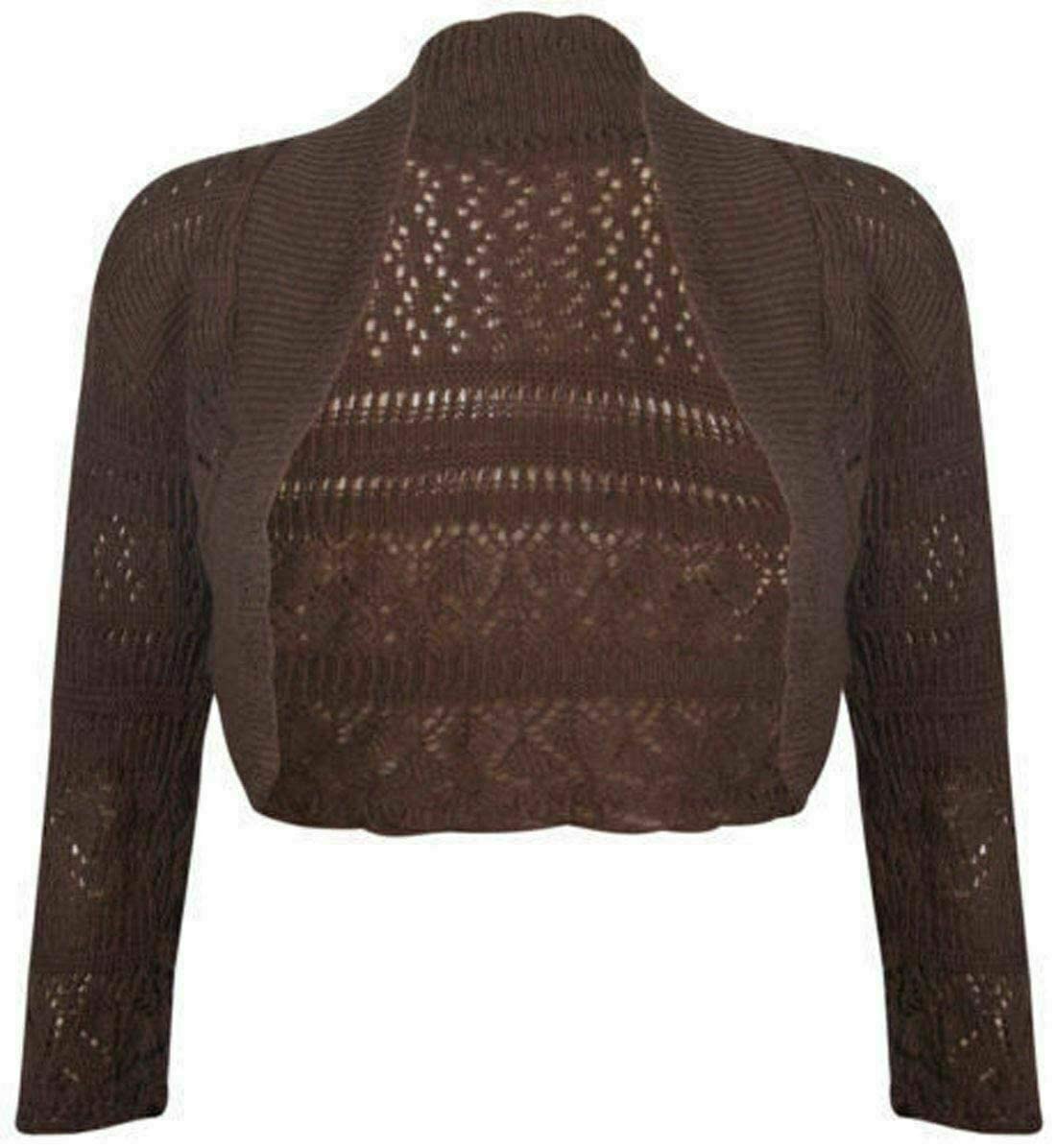 asfashion online Womens Long Sleeve Crochet Bolero Shrug Top Ladies Open Front Knitted Cropped Cardigan Top Brown