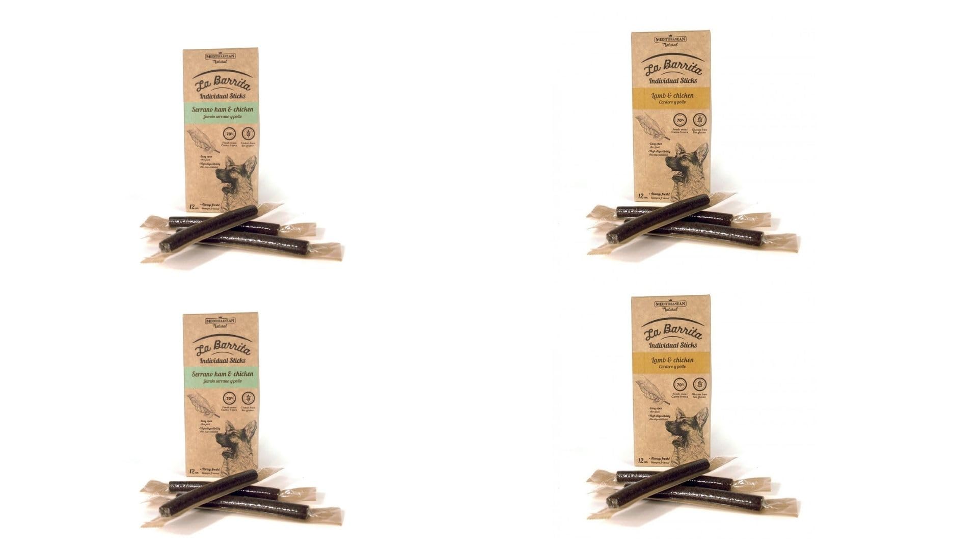 Mediterranean Natural La Barrita Snacks para Perros 4 x 12 (48 Barritas) Mixes (2X Cordero Y Pollo 2X Jamón Serrano Y Pollo)