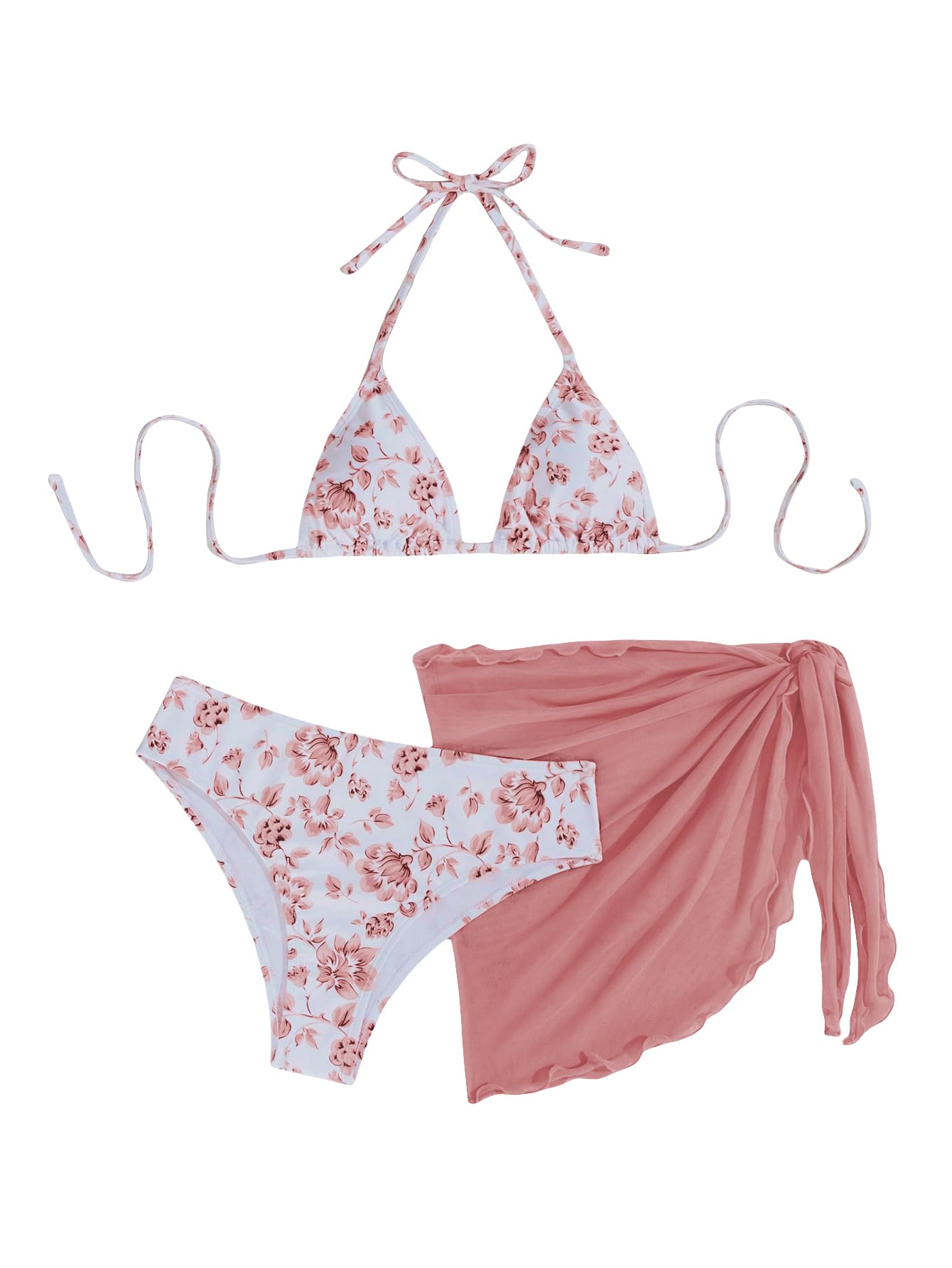 SHENHE Women's 3 Piece Floral Bikini Set with Wrap Coverup Halter Triangle Swimsuits
