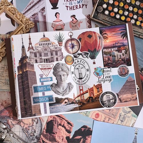 Image of 57 Sheets Vintage Travel Scrapbook Sticker Book, 500+ Vintage & Modern Stickers for Scrapbooking, 25 Pcs Ephemera Papers Art Scrapbook Supplies for Adults Teens Women Girls Junk Journal Journaling