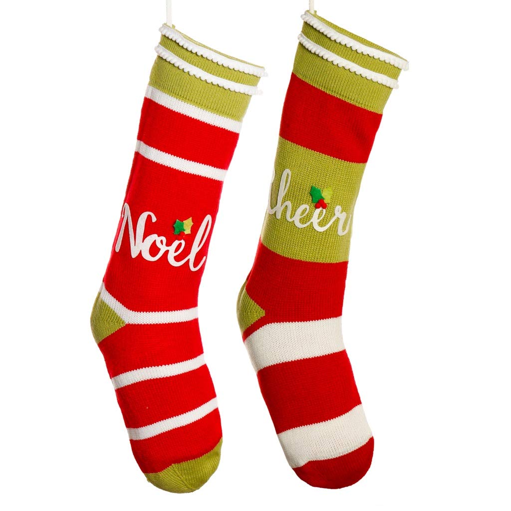 DiborDibor 2 Large 24"/60cm Traditional Red Green Hand Applique Knitted Christmas Stockings