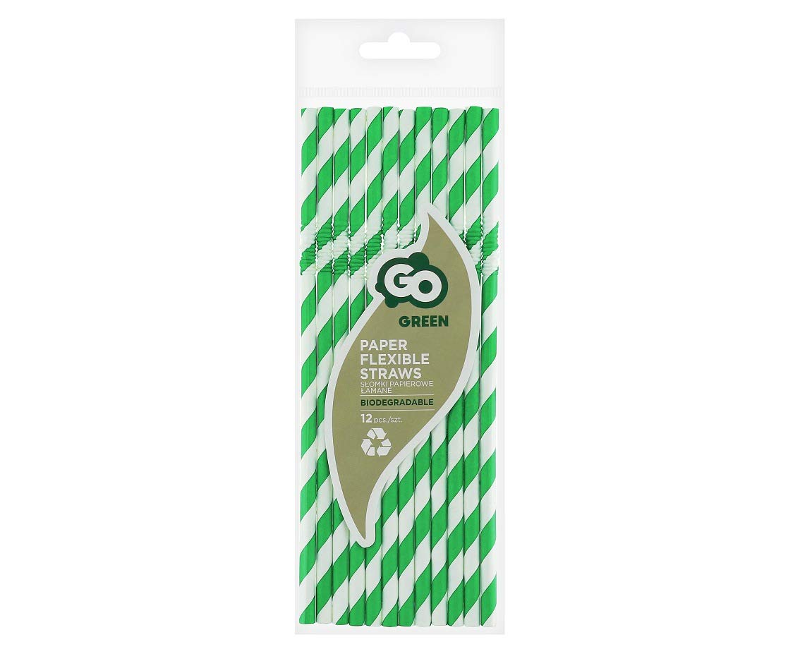 GoDan Słomki (rurki) papierowe łamane, zielone paski, 6x200mm / 12 szt.