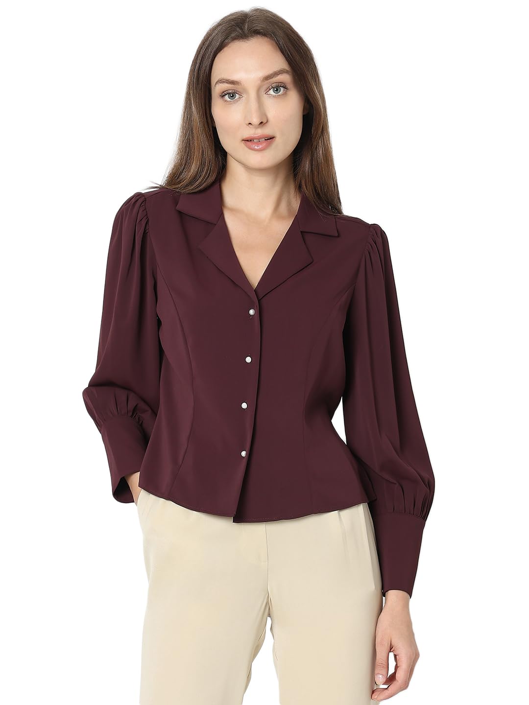 Vero Moda Cuban Collar Solid Formal Shirt | Day to Evening | Long Sleeves Notched Lapel Regular Fit Shirt for Women in neutral