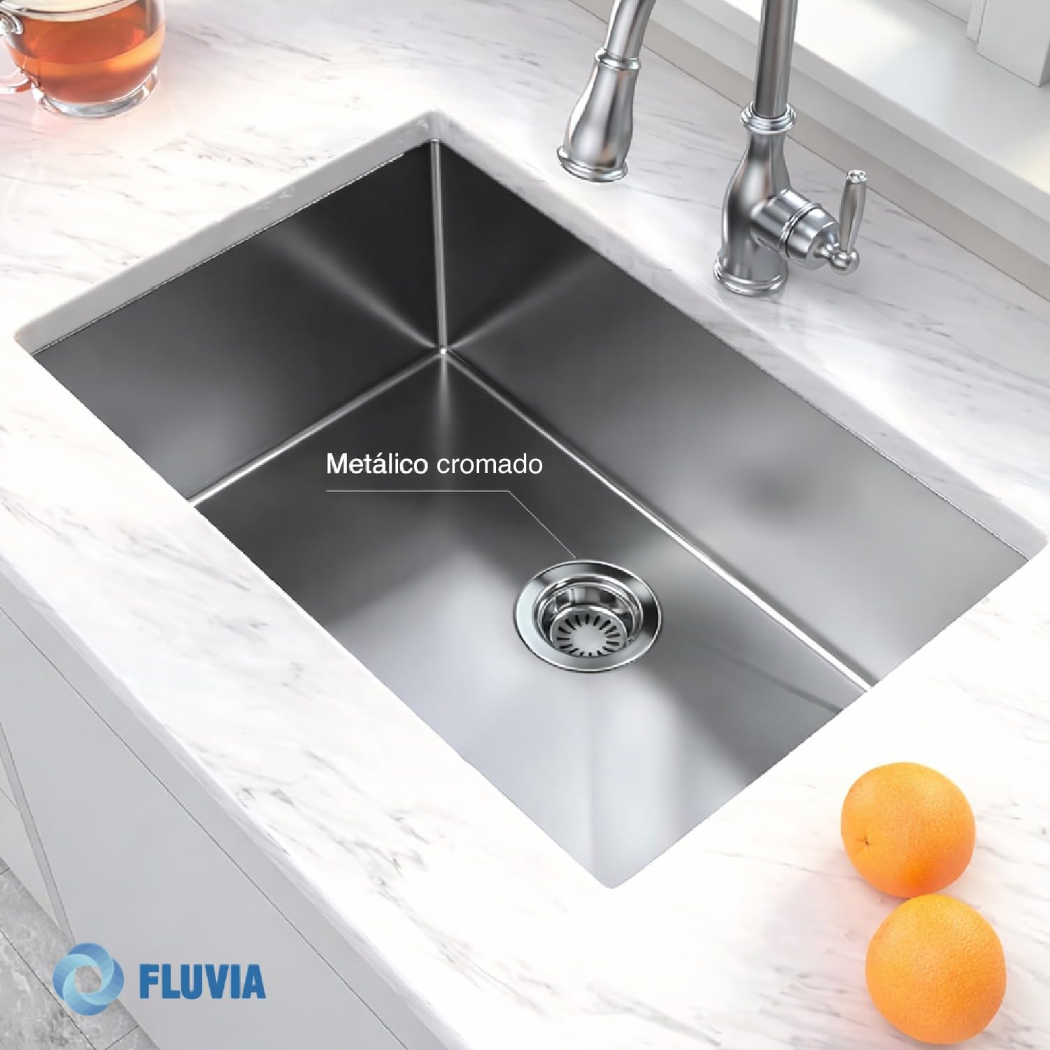 Válvula de Desagüe para Fregadero de Cocina 115 mm con Rebosadero Cuadrado o Circular – Evita Atascos y Fugas, Cesta Filtrante y Tubo Ajustable – Instalación Fácil para Reformas | FLUVIA