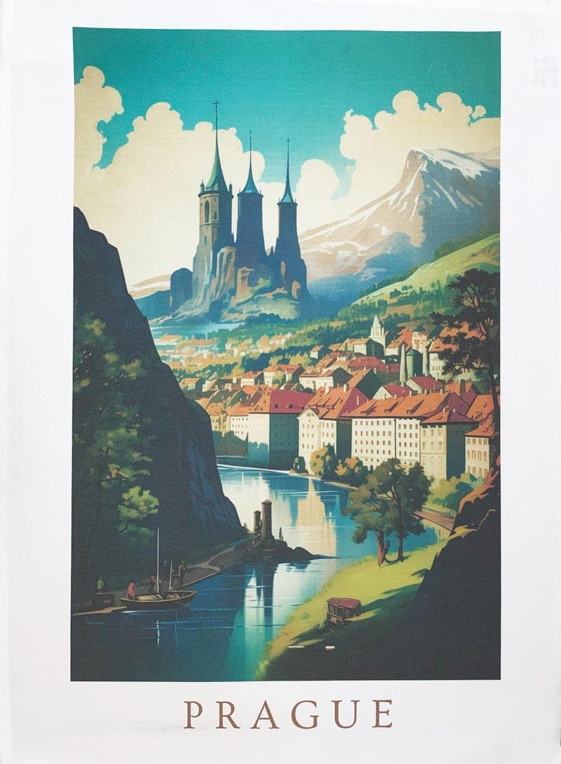 Half A Donkey White Scenic Prague Large Cotton Tea Towel