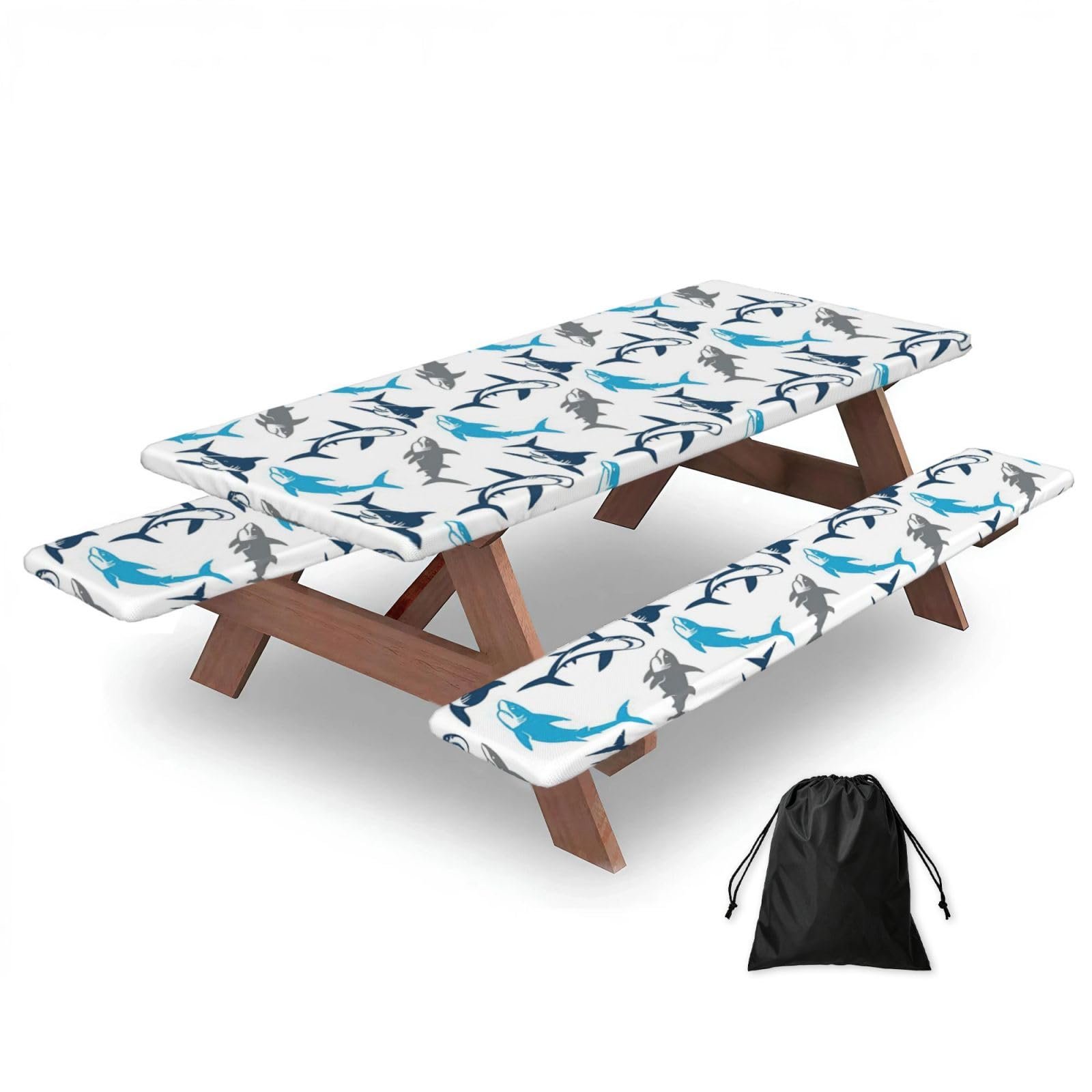 Duwaa Black Sharks Print 183Cm Picnic Table Cover With Bench Covers, Waterproof Elastic Tablecloth Set For Outdoor