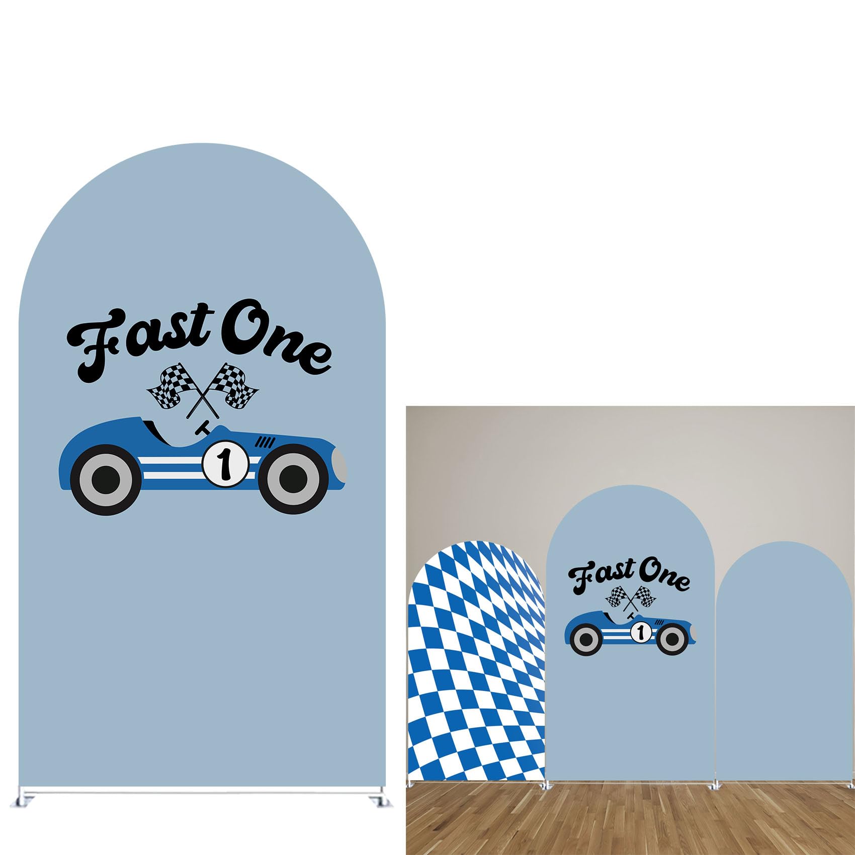 Fast One Birthday Backdrop Race Car Birthday Decor Arch Backdrop Fast One Blue Race Car Stretchy Cover for Party Decoration Round Top Frame Spandex