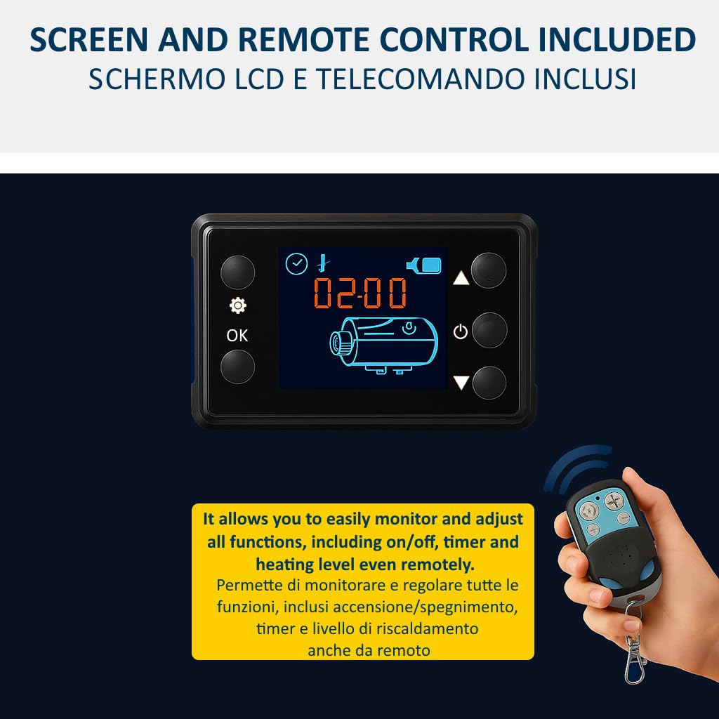 Riscaldatore d’Aria Diesel 5Kw 12V con Display Digitale e Telecomando Temperatura Regolabile con Silenziatore per Auto Barche Camion Camper All in One