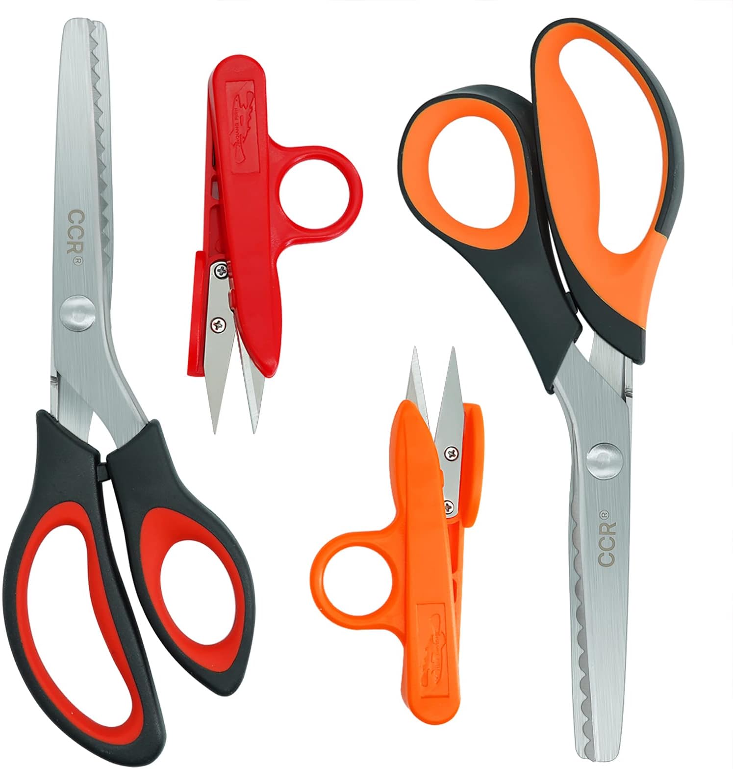 CCR Pinking Shears Serrated,Zigzag Scissors with Comfort Grip for Cutting Fabric,4 Pieces, Toothed and Wavy Tooth Edges with Thread Scissors,Orange/Black,Red/Black,9.5/9.1Inch