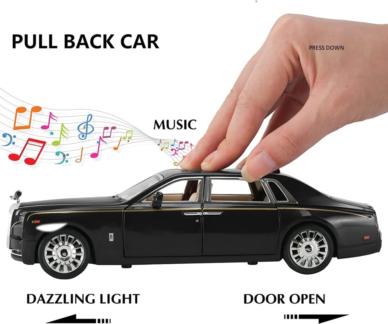 MANAKI ENTERPRISE 4 Wheel Drive Metal Car Pull Back with Open Doors, Engine Cover, Tail with Front and Rear Light & Music Great Gift for Boys and Girls Above (Rolls Royce) 1