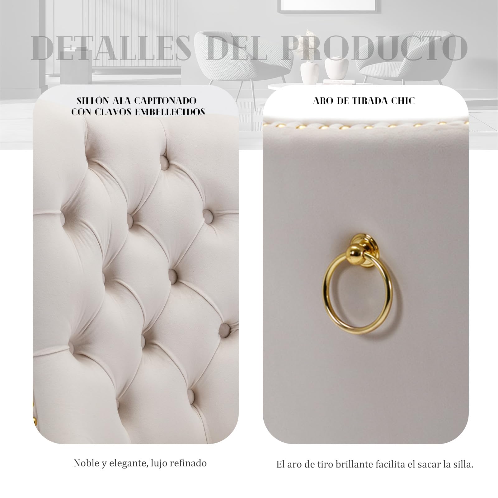 SoarFlash Sillas de Comedor en Terciopelo, con Espaldar ala Acolchado, Remaches de Clavos, Forro Remachado, Aro Decorativo Trasero y Patas en Metal Dorado, Juego de 6, Beige