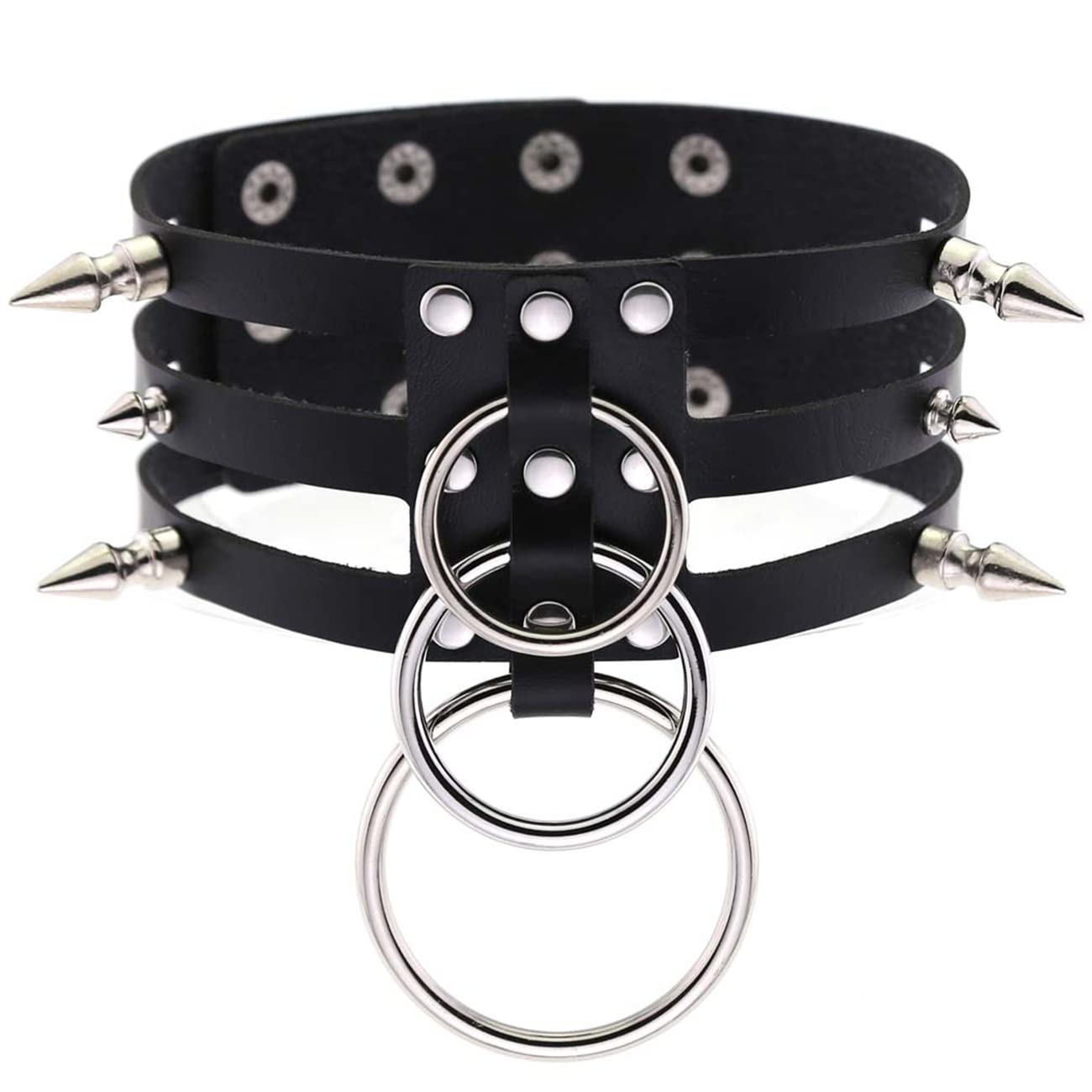 HCMA Handmade Punk Gothic Spiked Spikes Heavy Duty 3 Row Layered O Ring Choker Leather Cosplay Collar Studded Necklace