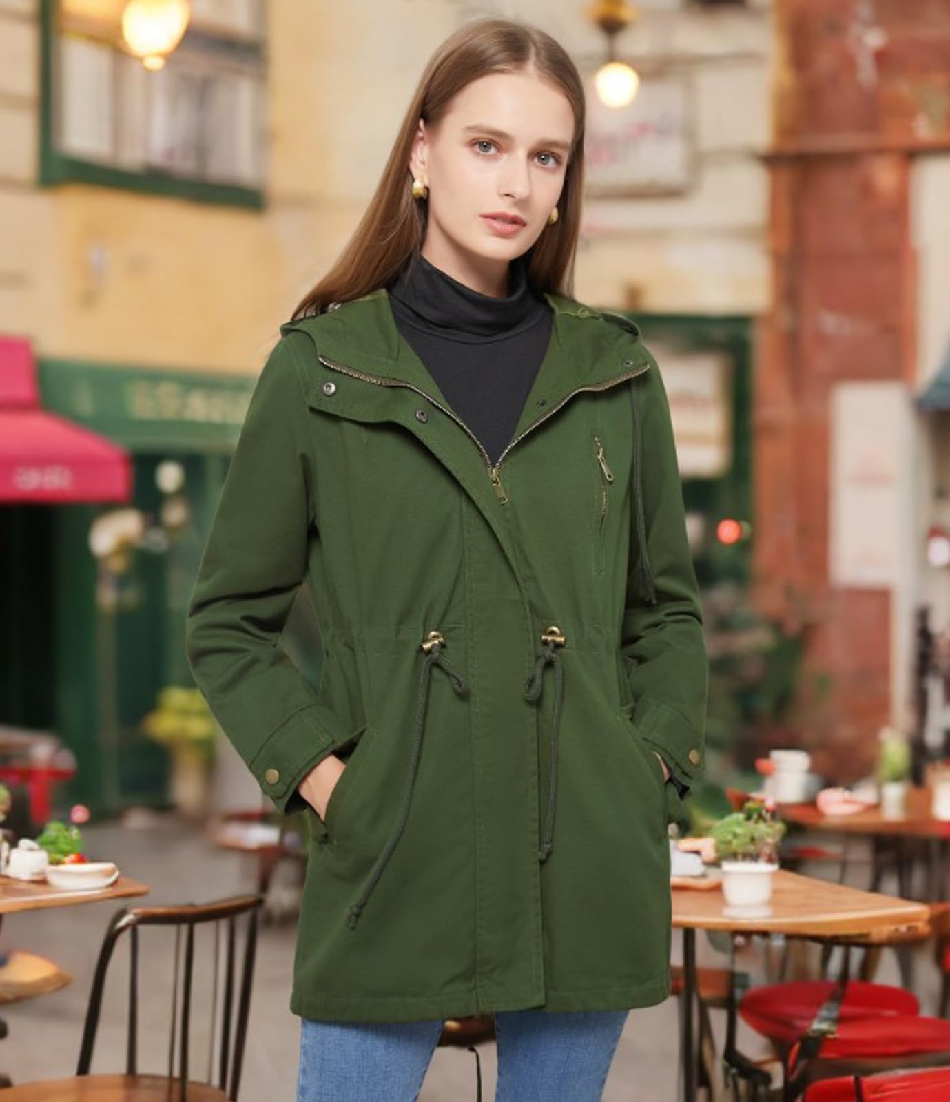 Damen Casual Leichtgewicht Militär Jacken Anorak Utility hohe Taille Drawstring Zip Up Hood Mantel