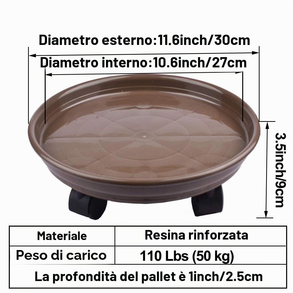 3 Pezzi 33 cm Carrello portapallet in plastica Supporto per Piante Rotondo portavasi, rotelle per Pallet ad Alte Prestazioni con Ruote (Marrone)