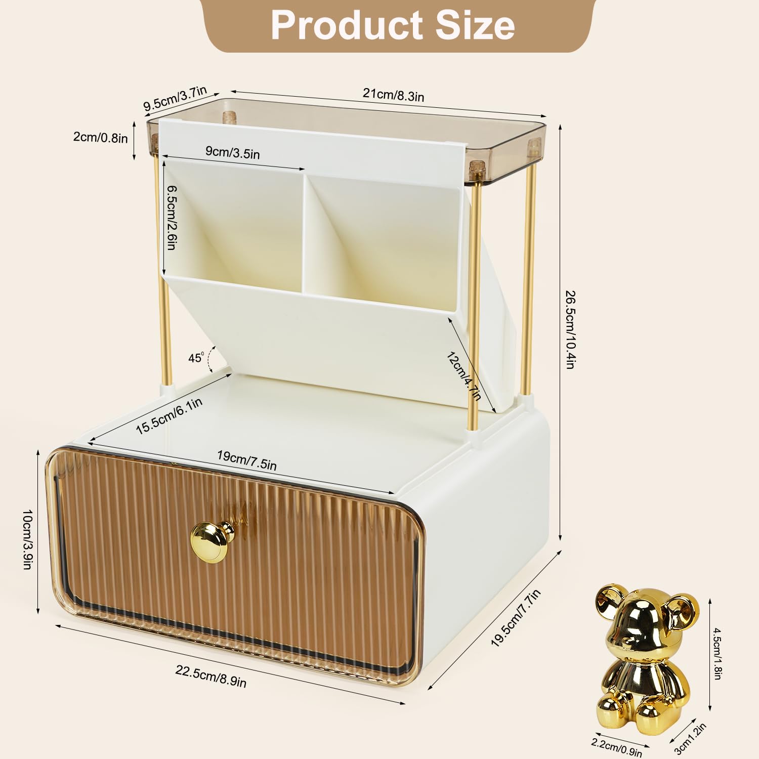 HOTOOLME Makeup Organizer Countertop 2-Tier 1-Drawer Cosmetics Organiser Skincare Makeup Organiser Shelf Brush Holder Vanity Organiser - Image 2