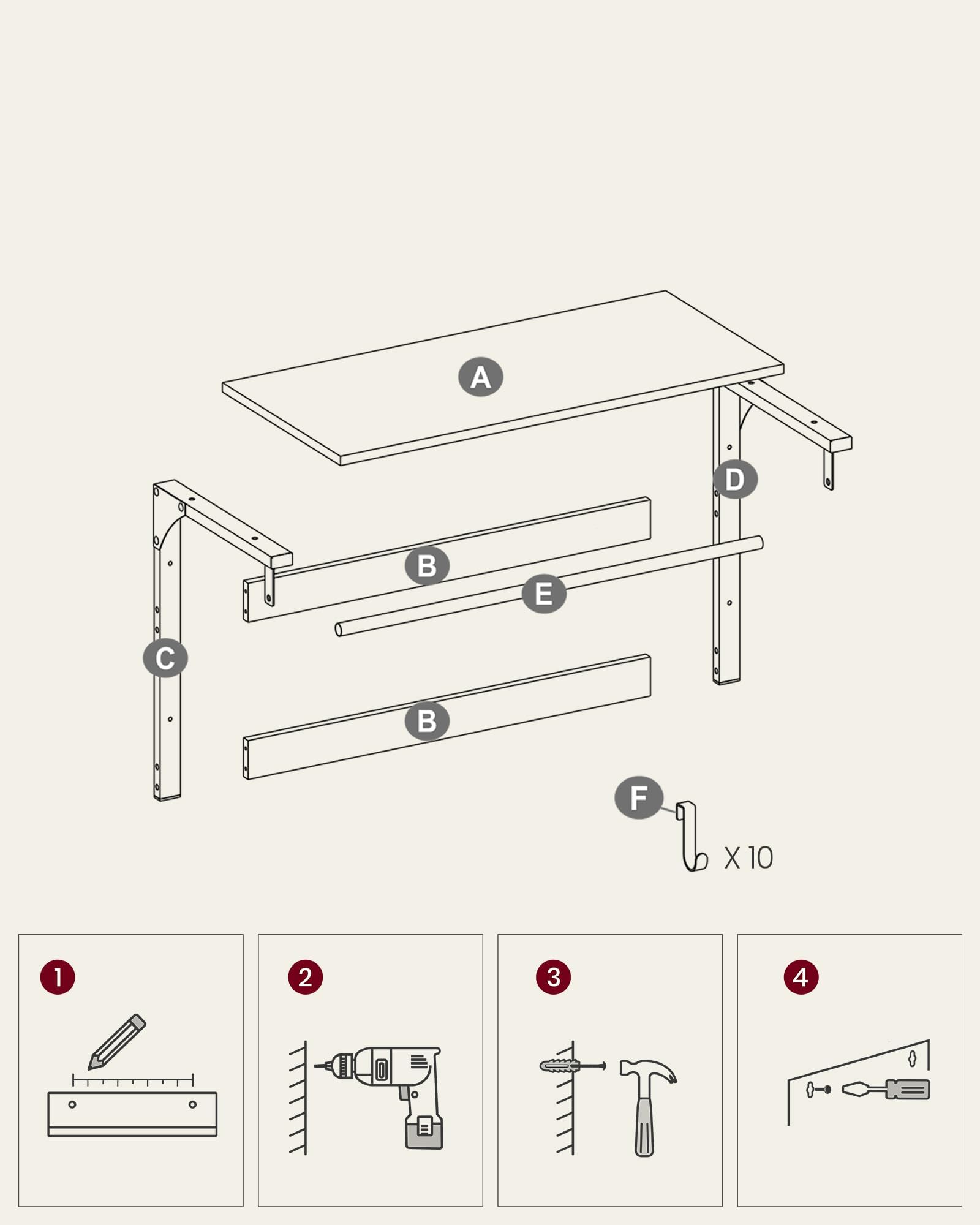 VASAGLE Coat Rack Wall Mounted, Coat Hooks, 10 Removable Hooks and Hanging Rail, for Entryway, Hallway, Bedroom, Bathroom, Living Room, Rustic Brown and Black LCR101B01