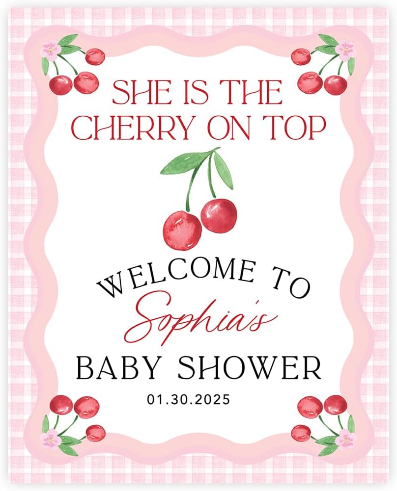 Andaz Press Personalized She's The Cherry on Top Baby Shower Decorations, Custom Pink Gingham Cherry Themed Party Decorations Baby Shower Welcome Sign Decor, 16x20 Inch