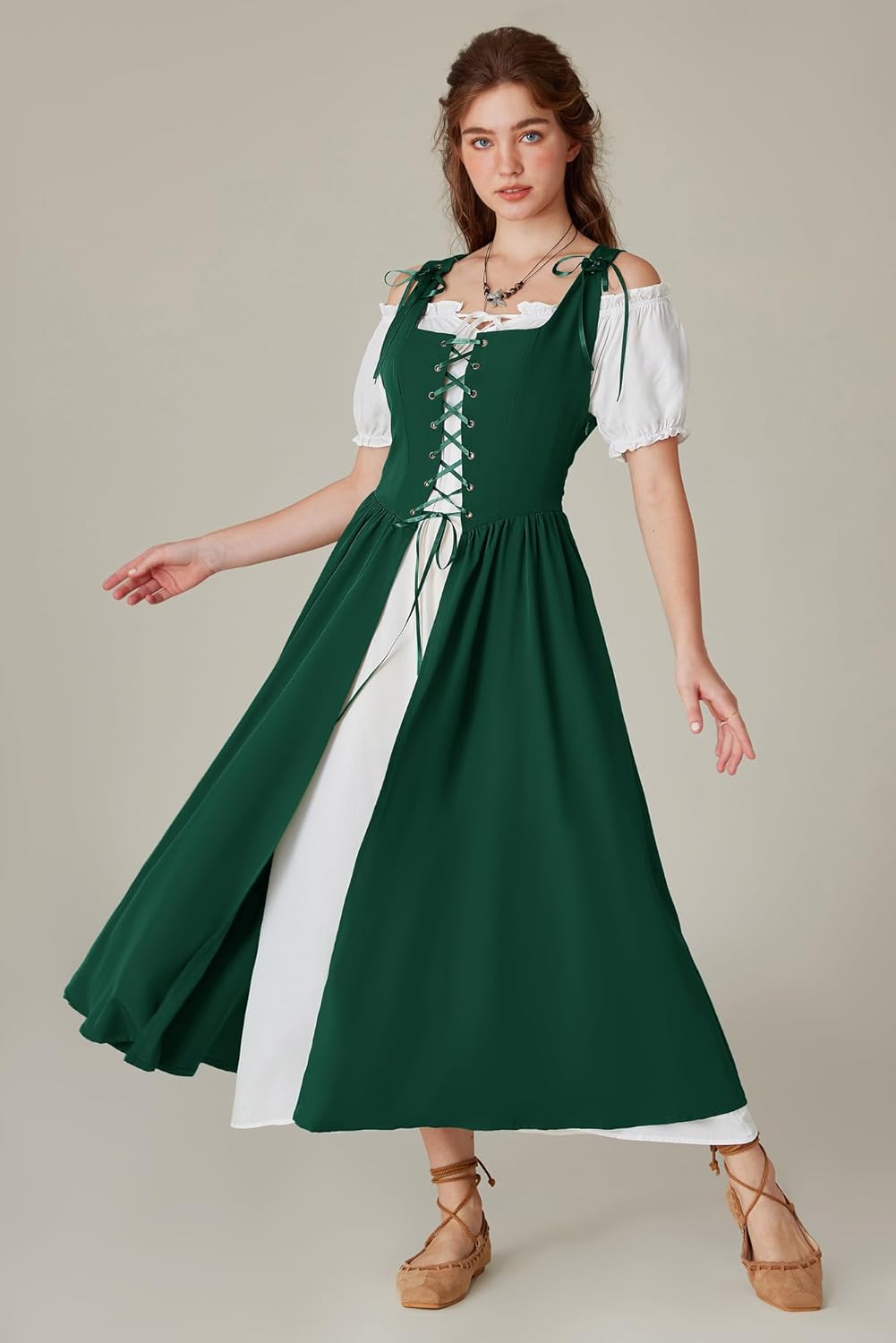 SCARLET DARKNESS Renaissance Costume Women Peasant Medieval Dress Short Sleeve Maxi Fairy Dresses with Pockets - Image 3