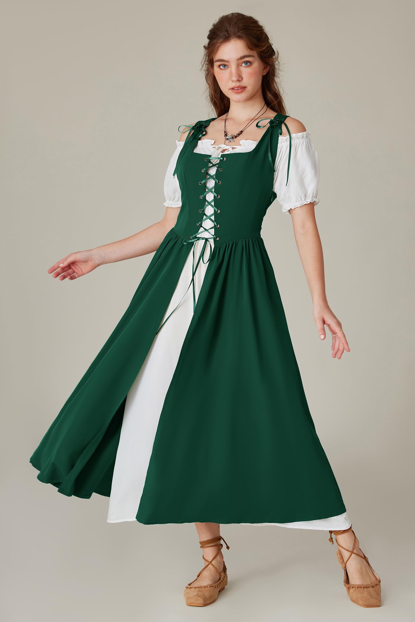 SCARLET DARKNESS Women 2Pcs Renaissance Maxi Dresses Off Shoulder Short Sleeve Lace-up Irish Costume with Over Dress